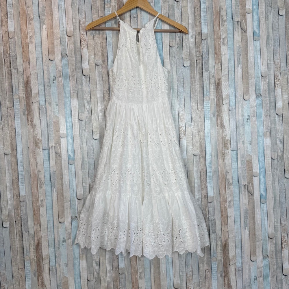 Maeve Anthropologie Tiered Eyelet Flounce Midi Dress White Halter Embroidered  0 - Picture 5 of 11